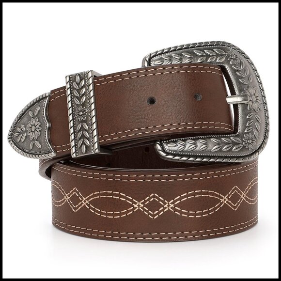 Accessories - Vintage Western Leather Belt Engraved Floral Buckle Adjustable Waist Belt
